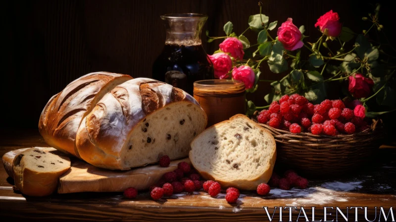 Lush Baroque Inspired Still Life with Bread and Raspberries AI Image