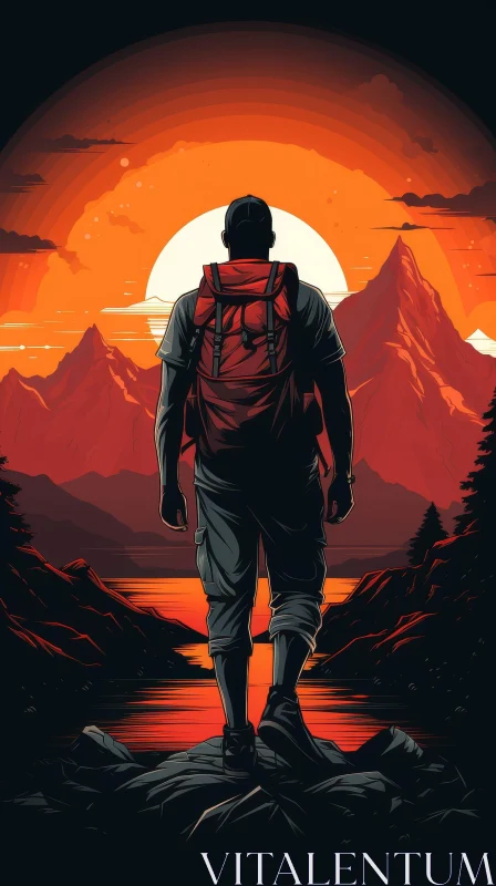 Man Standing on Rock by Lake at Sunset Illustration AI Image