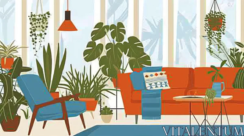 Modern Living Room Illustration with Bright Colors and Natural Elements AI Image