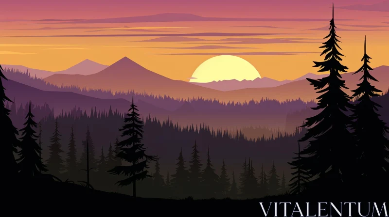 AI ART Mountain Forest Sunset Landscape - Serene Nature Scene