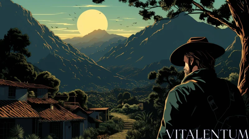 AI ART Mountain Valley Sunset Landscape