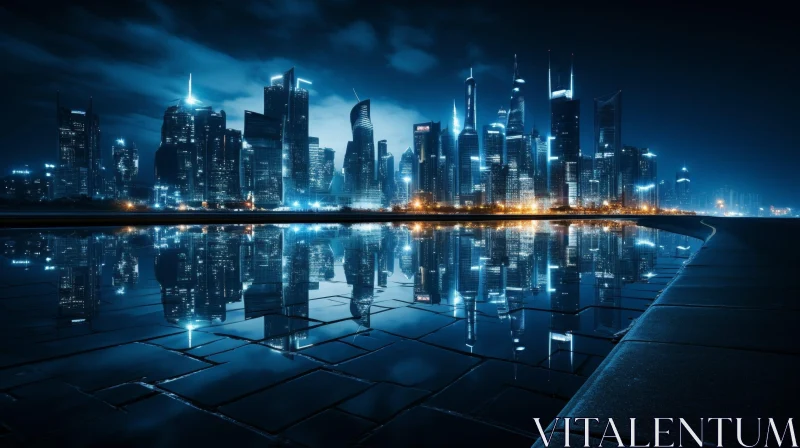 Night Cityscape: Skyscrapers and Lights Reflecting in Water AI Image