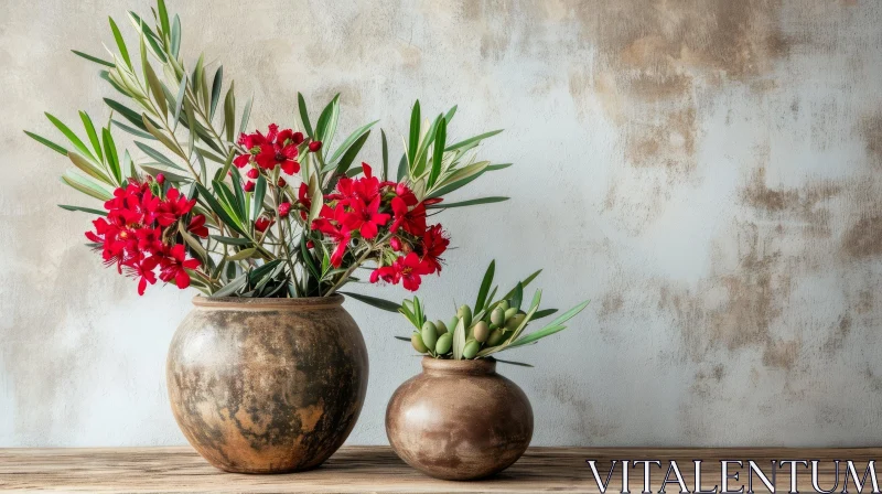 Rustic Clay Pots with Red Flowers and Green Leaves AI Image