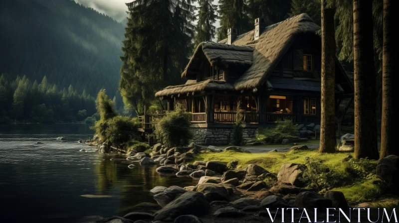 Rustic Lake Cabin: A Serene Landscape in Swiss Style AI Image