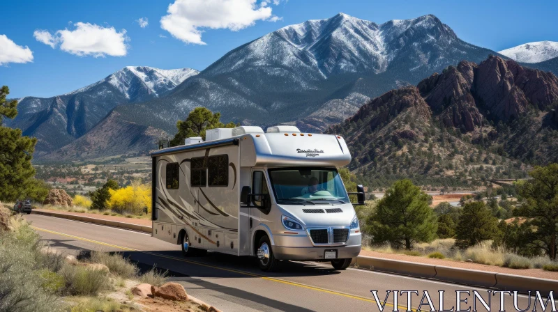 Scenic Mountain Road RV Drive with Snow-Capped Peaks AI Image