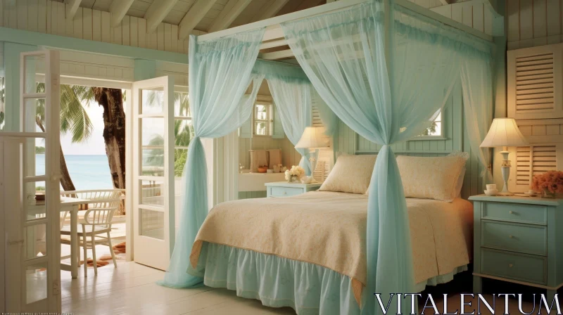 Serene Bedroom with Four-Poster Bed and Ocean View AI Image