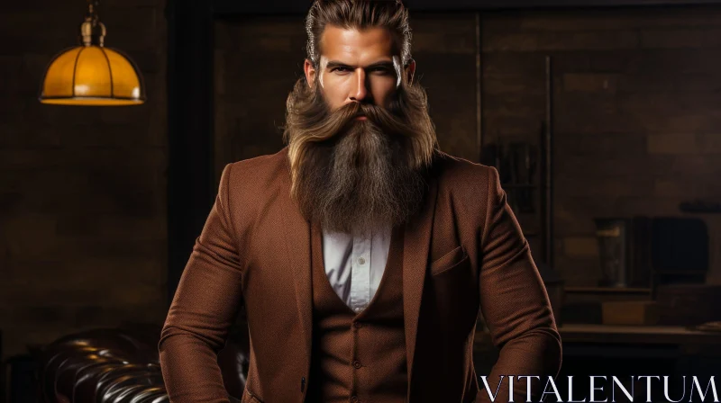 Serious Man Portrait in Brown Suit AI Image