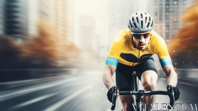 Speedy Cyclist in Yellow Jersey on Urban Road AI Image