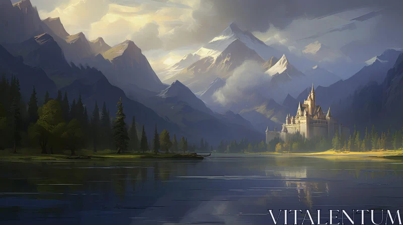 Tranquil Castle on Lake - Nature Painting AI Image