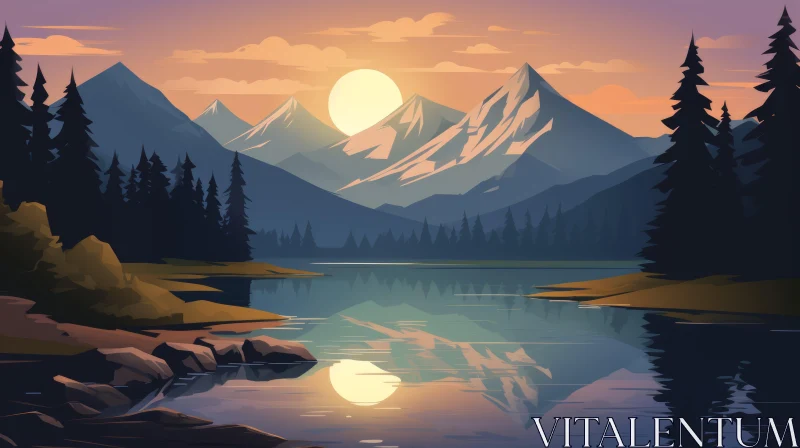 Tranquil Mountain Lake Sunset Scene AI Image