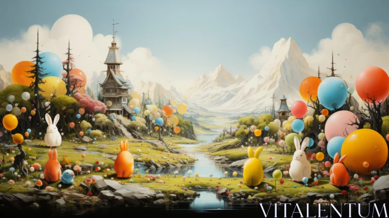 Whimsical Field Landscape with Balloons and Rabbit Homes AI Image