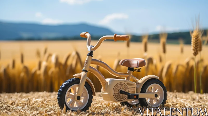 Wooden Balance Bike in Golden Wheat Field AI Image