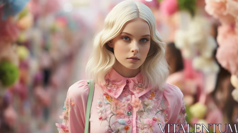 Barbiecore Fashion in Floral Setting - Pastel Palette Artwork AI Image