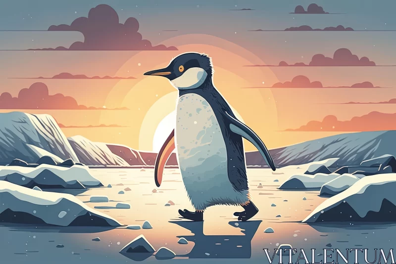 Cartoon Penguin Walking at Sunset - Realistic Landscapes AI Image