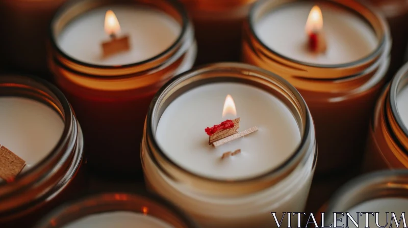 Close-Up of Burning Candles in Glass Jars | Tranquil Atmosphere AI Image
