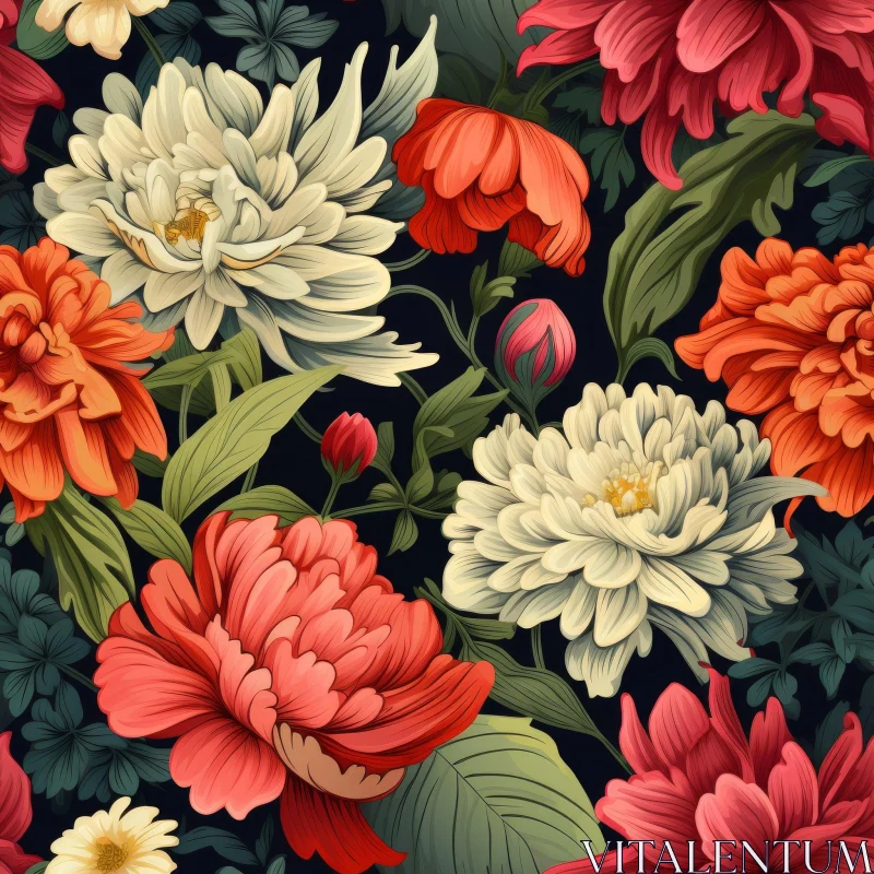Dark Floral Pattern - Colorful Flowers & Green Leaves AI Image