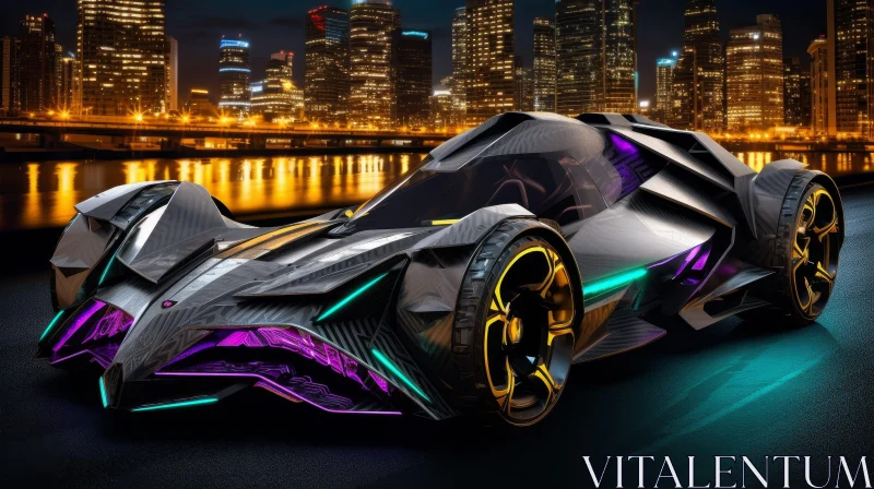 Dark Futuristic Sports Car in City Night Scene AI Image