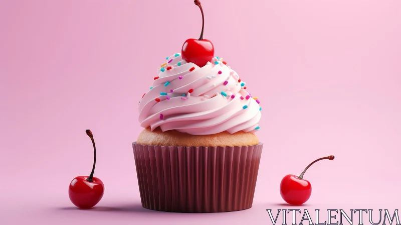 Delicious Cupcake with Cherry on Top - 3D Rendering AI Image