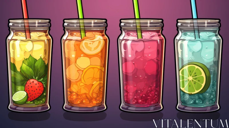 Delicious Fruit-Flavored Drinks in Glass Jars AI Image