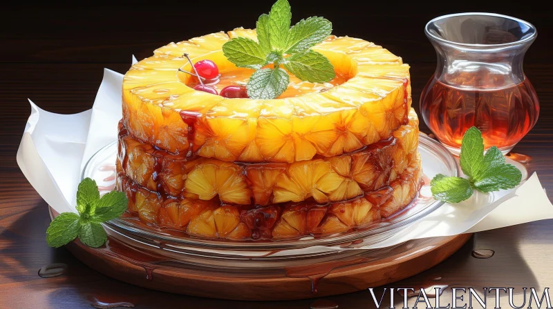 AI ART Delicious Pineapple Upside-Down Cake with Tea on Wooden Table
