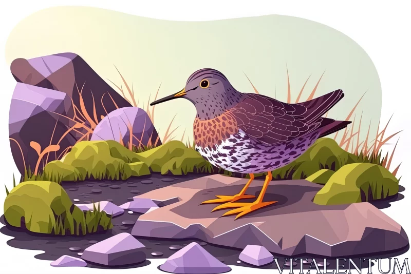 Detailed Cartoon Bird Standing on Stones and Grass | Flat Shading AI Image