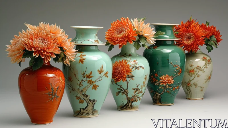 Elegant Ceramic Vases with Floral Patterns | Orange and Yellow Chrysanthemums AI Image