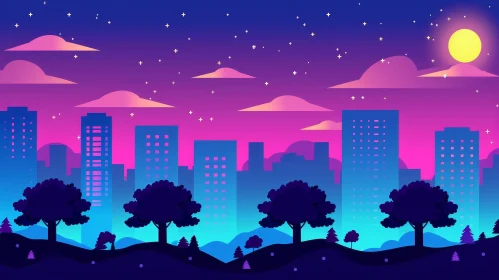 Enchanting Night Cityscape with Stars and Moon