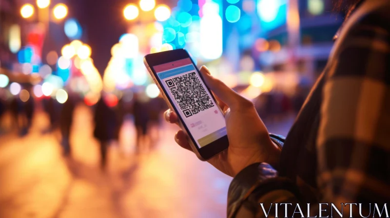 AI ART Enigmatic Night Scene with QR Code on Smartphone | Technology Artwork
