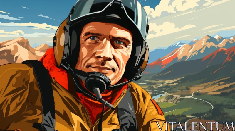 AI ART Male Pilot Portrait in Airplane Cockpit with Mountain View
