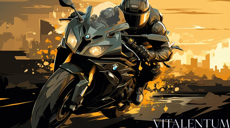 Motorcyclist Riding Black and Gray Sport Bike - Digital Painting AI Image