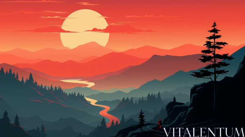 AI ART Mountain Range Sunset Landscape - Peaceful Nature Scene