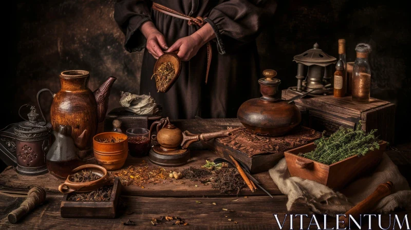 Mysterious Medieval Alchemist in Dark Room - Enigmatic Photo AI Image