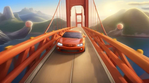 Red Sports Car Driving Over Suspension Bridge - Digital Painting