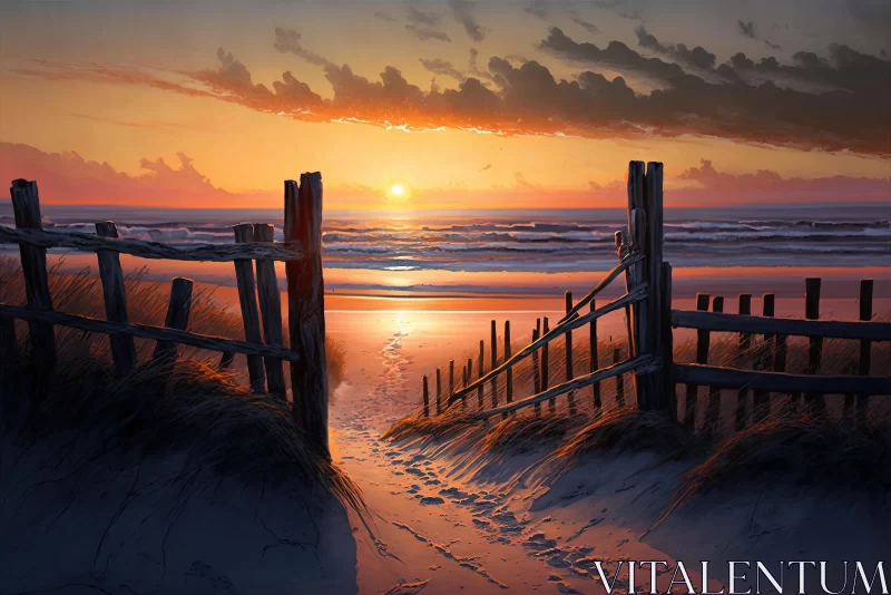 Romantic Digital Painting of a Wooden Fence on a Sandy Beach AI Image