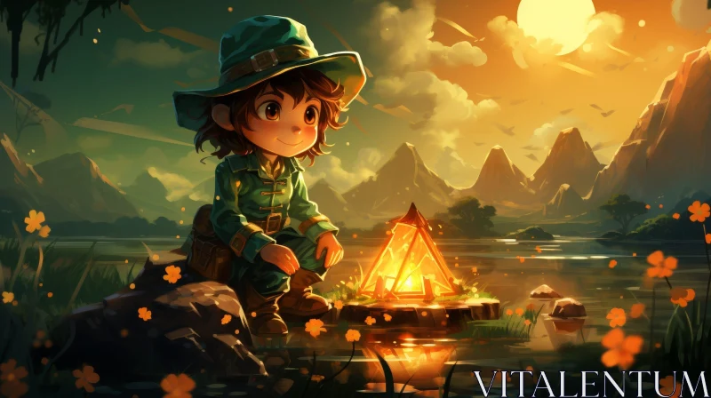 Scenic Lake Landscape with Boy by Campfire at Sunset AI Image