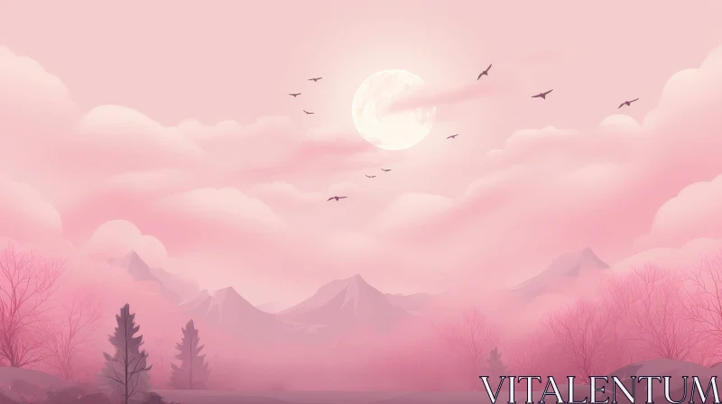 Serene Pink Sky Landscape with Mountains and Trees AI Image