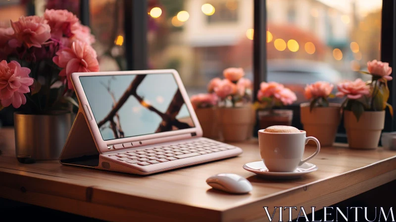 Serene Still Life: Pink Laptop, Flowers, and Coffee Cup AI Image