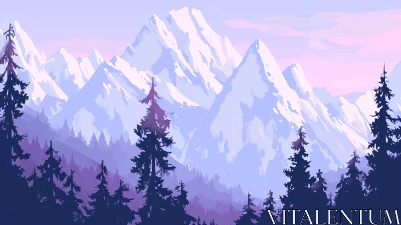 AI ART Snow-Capped Mountains Landscape with Pine Trees and Purple Sky