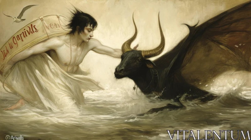 AI ART Swimming Man Confronts Majestic Bull in Powerful Sea Painting