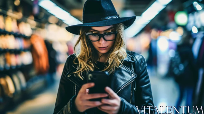 Urban Chic: Young Woman in Black Hat and Leather Jacket AI Image