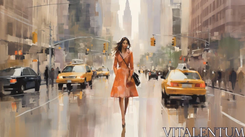 Urban Fashion Painting of a Woman in City Street AI Image