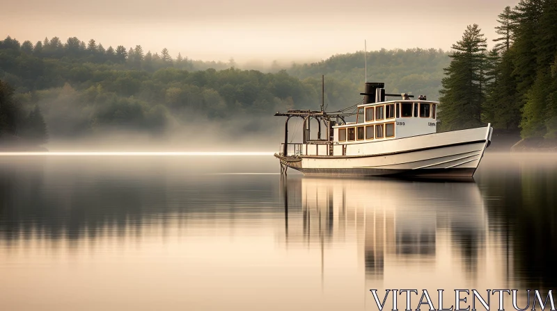 Vintage Wooden Boat on Calm Lake AI Image