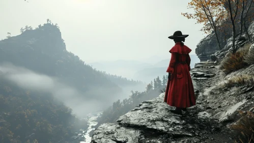 Woman on Cliff Overlooking River and Forest