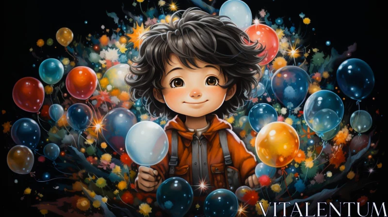 AI ART Young Boy with Blue Balloons in Night Sky