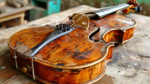 Ancient Violin on Weathered Wooden Table | Captivating Art Piece