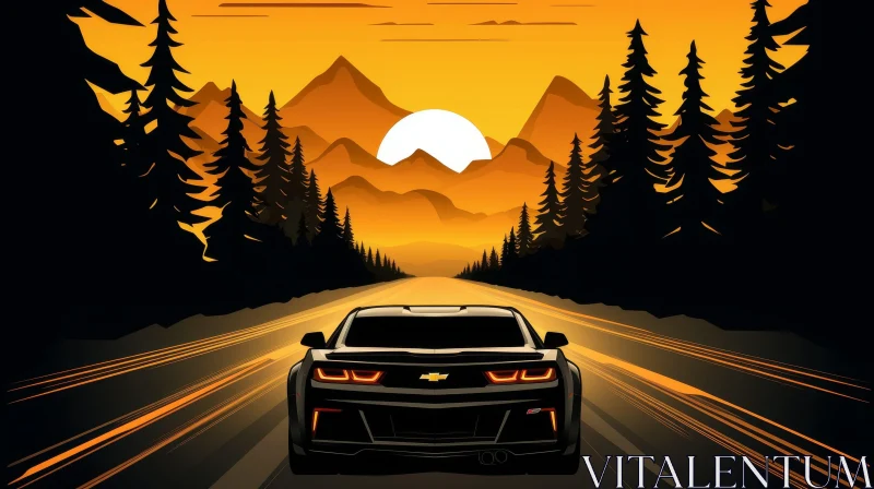 AI ART Black Chevrolet Camaro SS Driving in Mountain Valley at Sunset