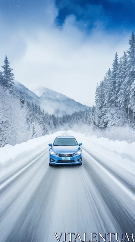 AI ART Blue Car Driving on Snowy Road: Winter Scene