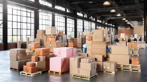 Busy Warehouse Scene with Cardboard Boxes and Workers