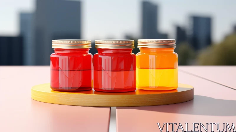 Colorful Glass Jars on Wooden Surface | Cityscape Background AI Image