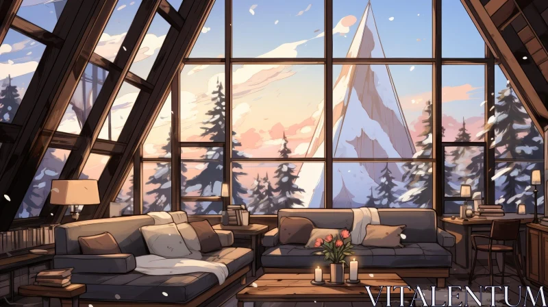 AI ART Cozy Living Room with Snowy Mountain View
